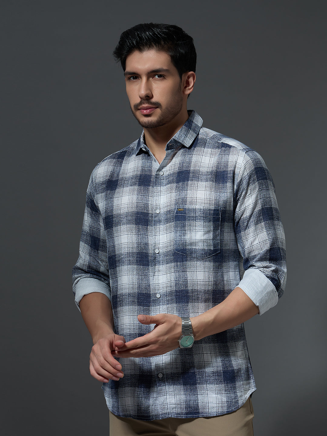 Washed Navy Check Casual Shirt