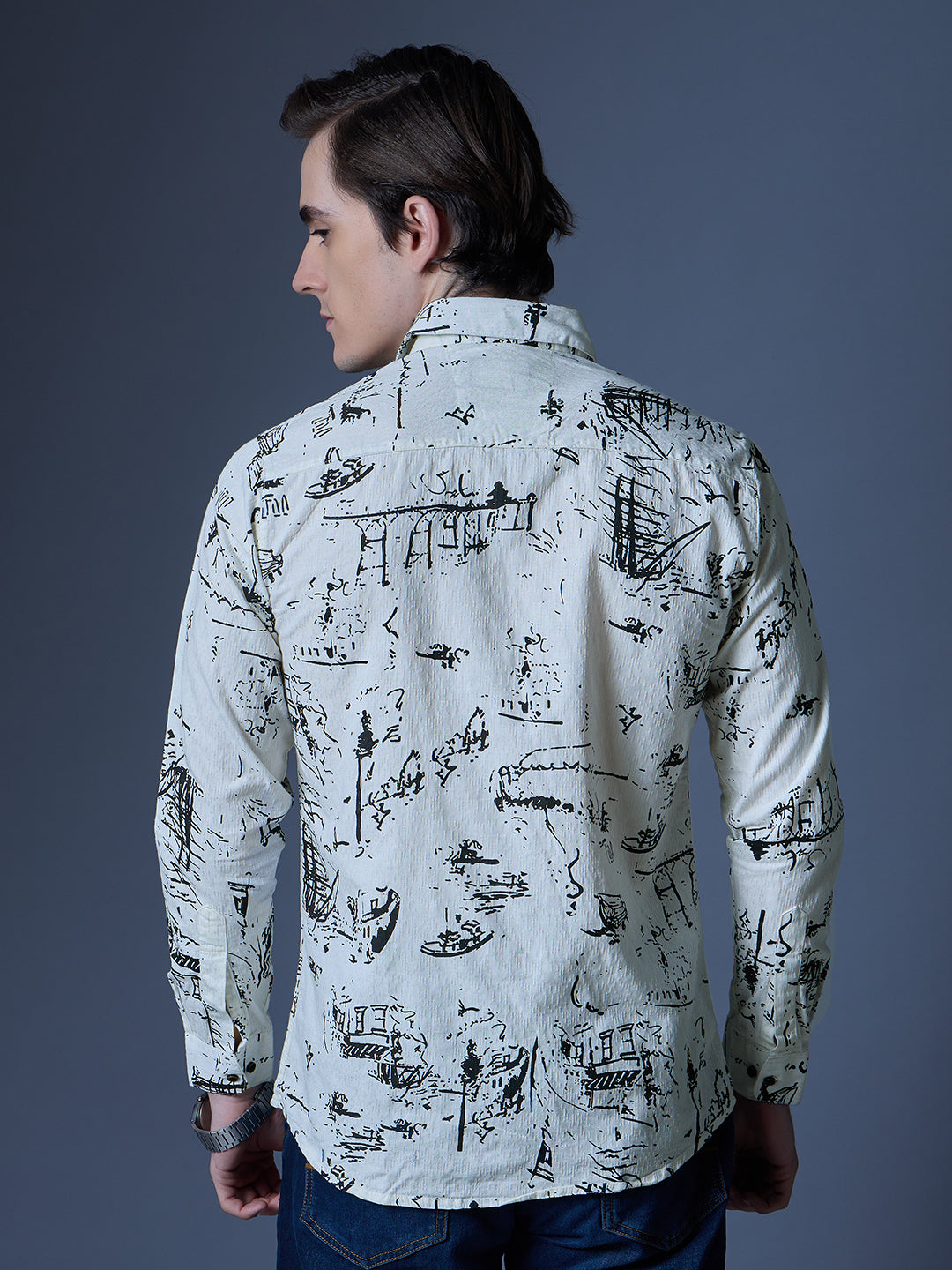 Men's White Printed Nautical Casual Shirt