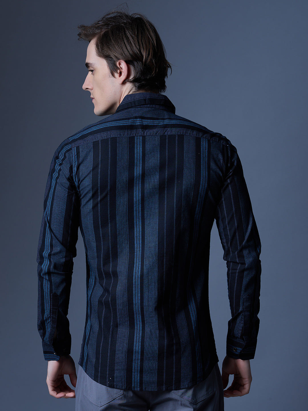 Men's Black and Blue Striped Casual Shirt