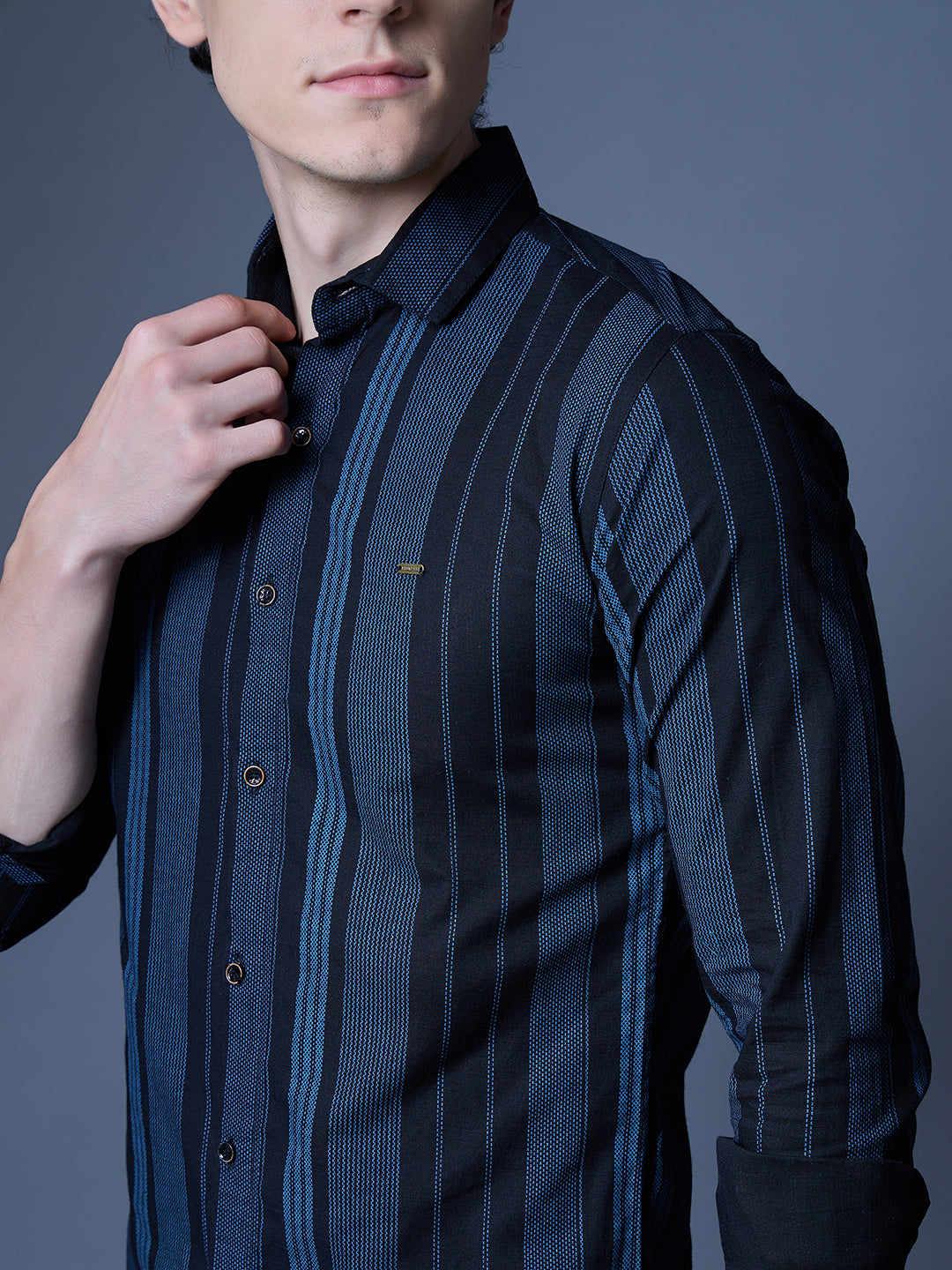 Men's Black and Blue Striped Casual Shirt