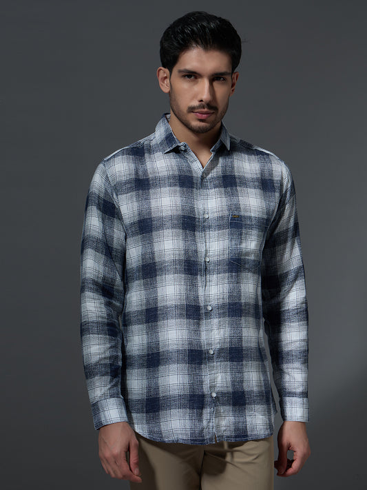 Washed Navy Check Casual Shirt