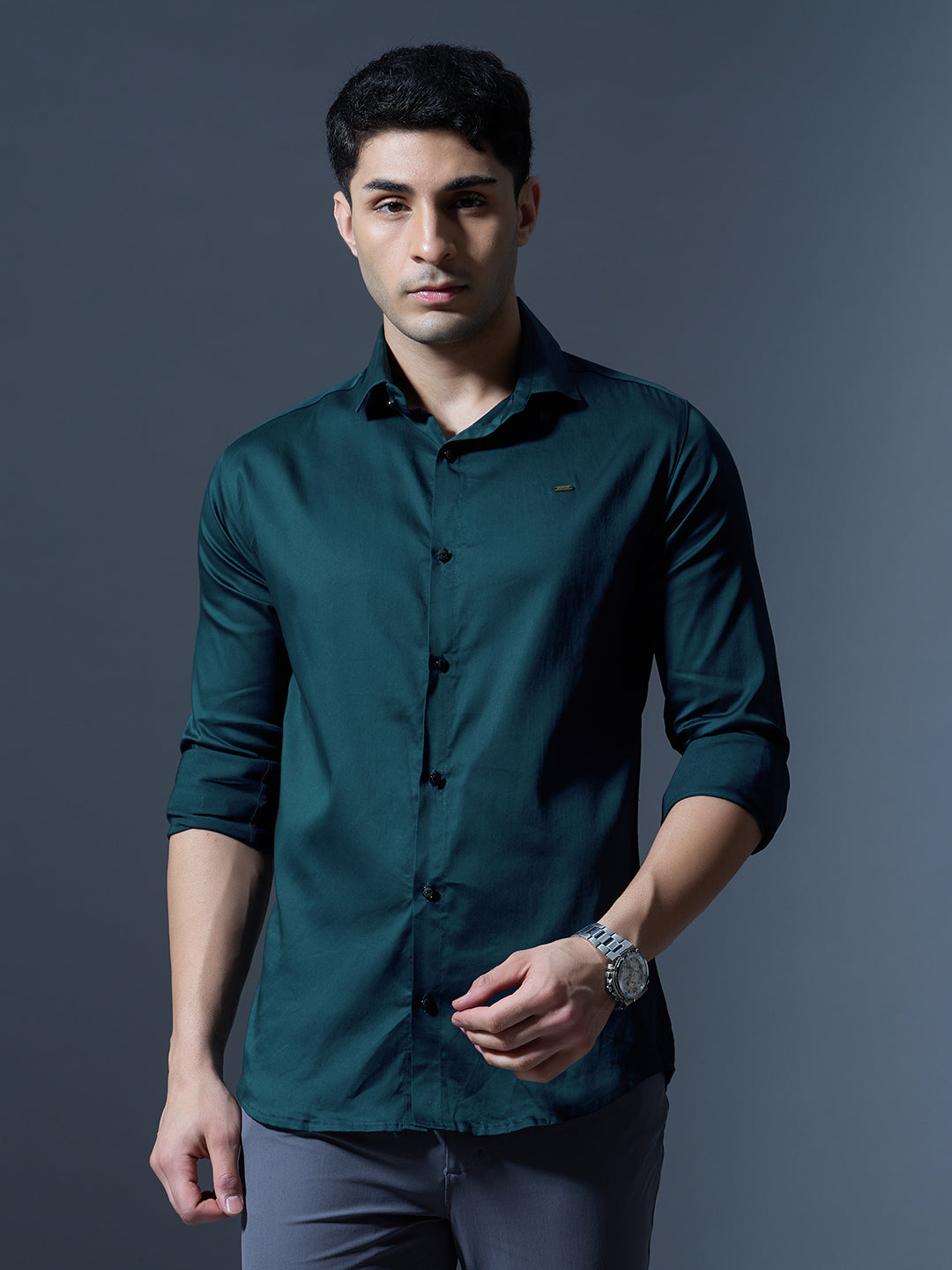 Men's Teal Blue Solid Full-Sleeve Casual Shirt