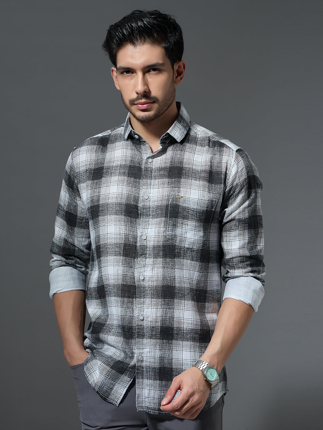 Grey Plaid Flannel Casual Shirt