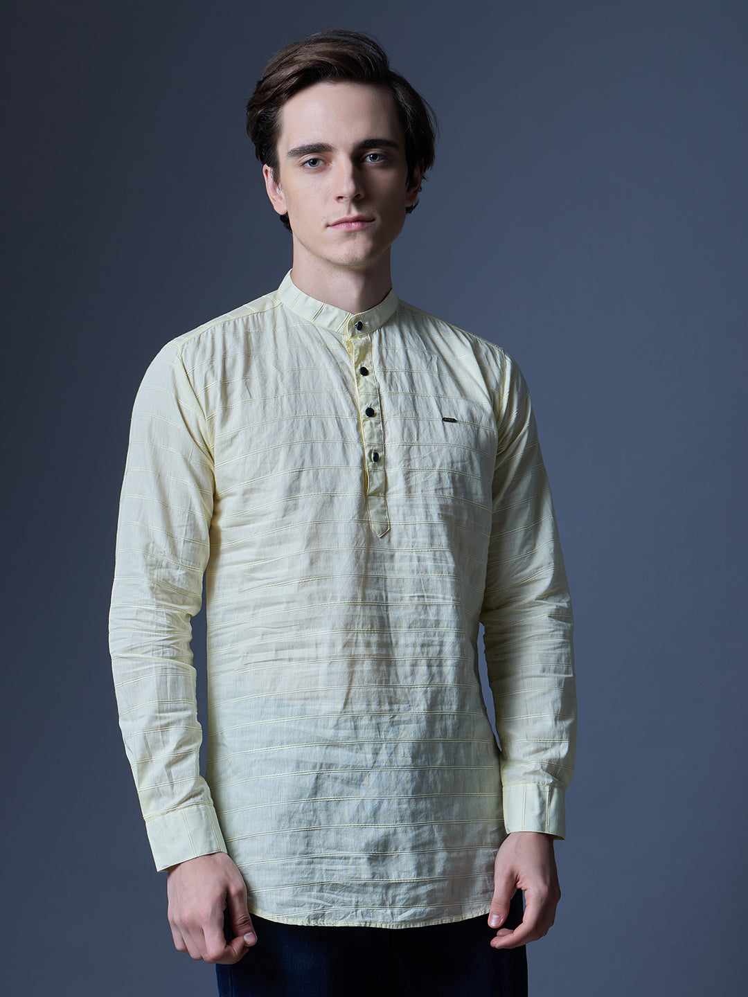 Men's Light Yellow Textured Kurta Shirt