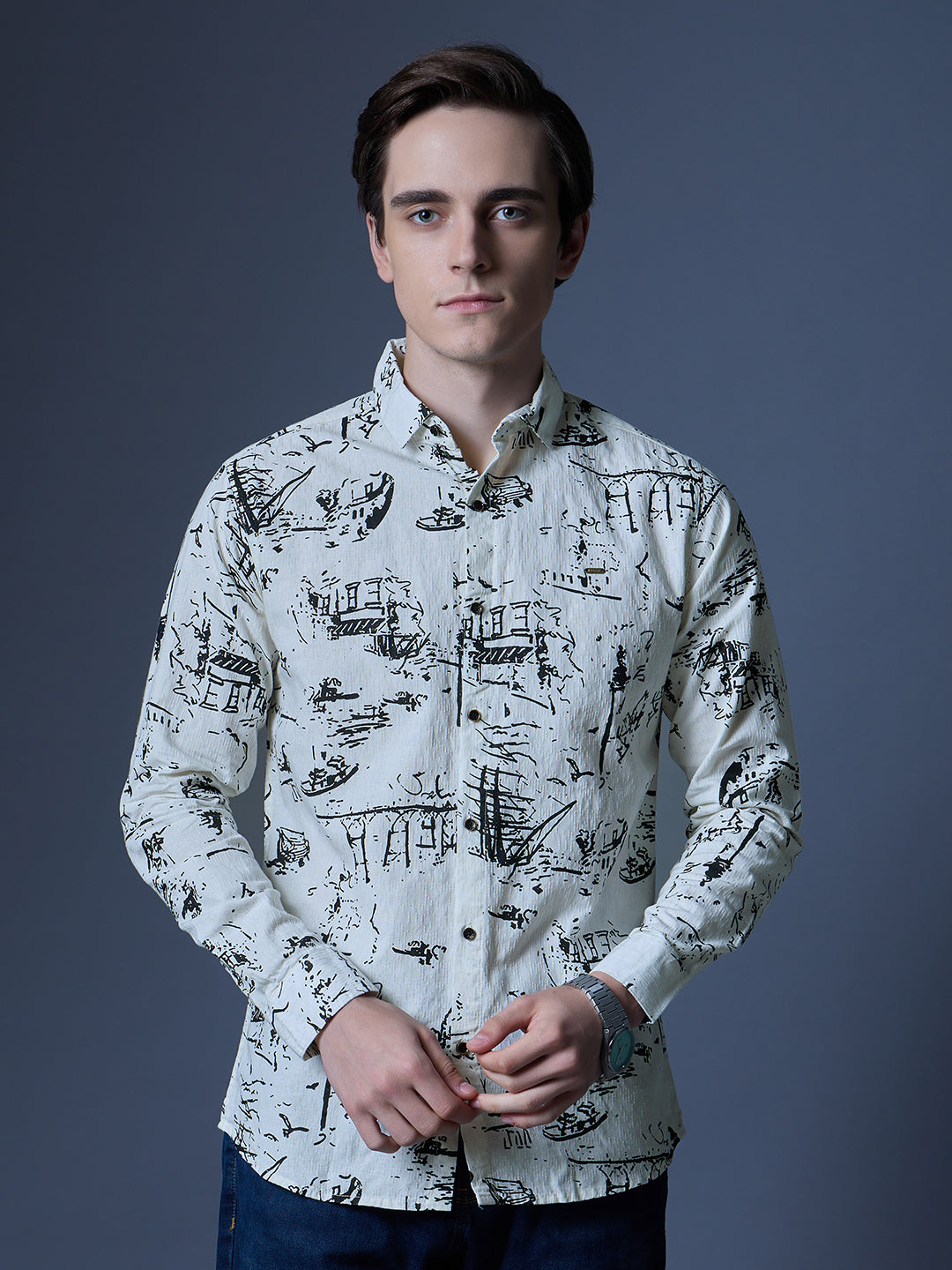 Men's White Printed Nautical Casual Shirt