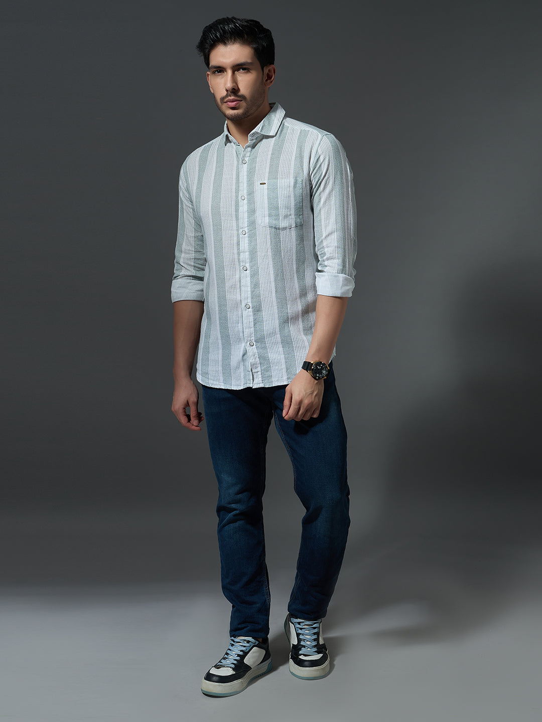 Dusty Green Striped Casual Shirt
