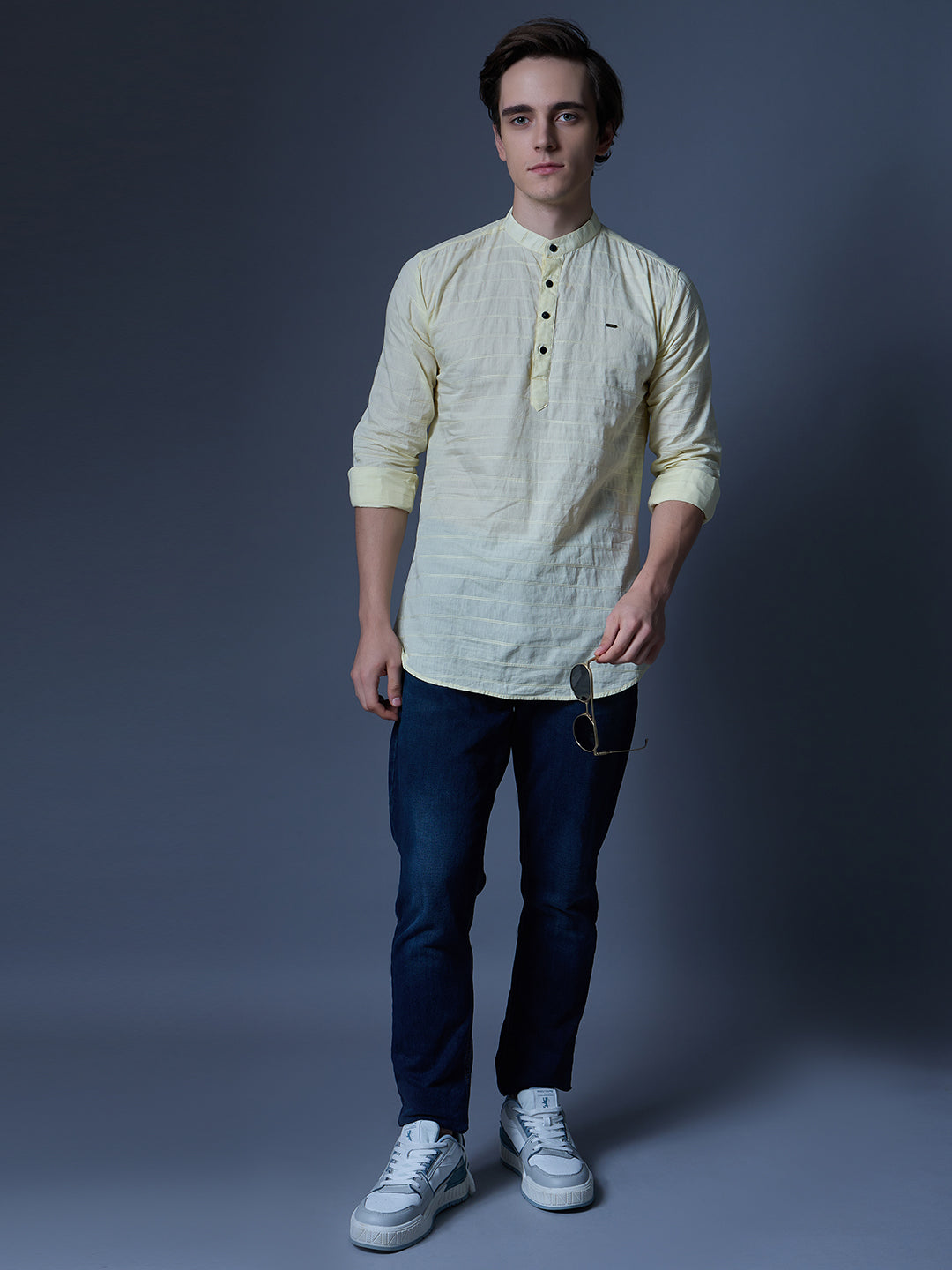 Men's Light Yellow Textured Kurta Shirt